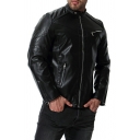 Retro Mens Jacket Solid Zip Pocket Stand Collar Skinny Long Sleeve Zip Closure PU Jacket