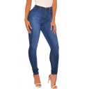 Ladies Modern Jeans Pure Color Full Length Skinny Pocket High Rise Zip down Jeans