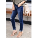 Fashion Girls Jeans Plain Pocket Skinny Long Length Mid Rise Cut-outs Zip Fly Jeans