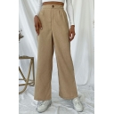 Fashionable Girls Pants Solid High Waist Loose Button Fly Full Length Wide Leg Pants