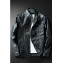 Trendy Jacket Solid Color Pocket Stand Collar Long Sleeve Regular Leather Jacket for Guys