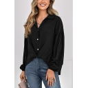 Solid Color Commuting Women's Shirt Lapel Cross Hem Long-sleeved Button Down Blouses
