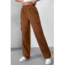 Fashion Ladies Pants Solid Flap Pocket Loose Long Length Elastic Waist Cargo Pants