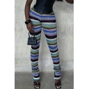 Fashion Ladies Pants Contrast Stripe Printed High Rise Straight Long Length Elastic Pants