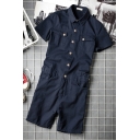 Cool Men Rompers Solid Color Pocket Turn-down Collar Short Sleeve Button down Rompers