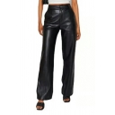 Women's PU Leather Pants Casual High Waist Straight Black Trousers