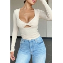 Simple T-Shirt Solid Color Sweetheart Neck Hollow out Long Sleeve T-Shirt for Women