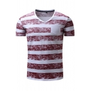 Edgy Tee Shirt Stripe Printed V Neck Chest Pocket Short-Sleeved Fitted T-Shirt for Boys