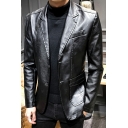 Stylish Jacket Plain Lapel Collar Pocket Long-sleeved Single Breasted Leather Jacket