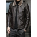 Chic Jacket Solid Pocket Brushed Spread Collar Fitted Zip Fly Leather Jacket for Men