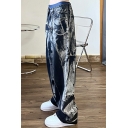 Hip-hop High Street Jeans Female Tie-dye Wash Retro Straight Loose Wide Leg Pants