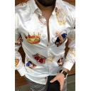 Men Trendy Shirt Crown Pattern Slimming Turn-down Collar Long Sleeve Button down Shirt