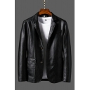 Trendy Guys Jacket Plain Pocket Long Sleeve Lapel Collar Loose Button down Leather Jacket