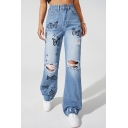 Simple Jeans Butterfly Pattern Broken Hole High Waist Zipper Bootcut Jeans for Women