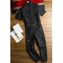 Guy's Freestyle Jumpsuits Whole Colored Spread Collar Pocket Short Sleeve Jumpsuits