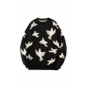 Stylish Guys Sweater Bird Pattern Oversized Long Sleeves Crew Neck Pullover Sweater