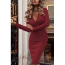 Sexy V-neck Pleated Dress Women's Solid Color Long Sleeve Bodycon Skirt