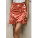Classic Girls Skirt Polka Dots Print Button Design Sashes High Rise Ruffles A-Line Skirt