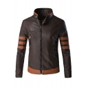 Trendy Jacket Color Block Pocket Stand Collar Long Sleeve Zip-up Leather Jacket for Guys