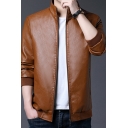 Retro Men Jacket Pure Color Stand Collar Pocket Designed Fitted Zip Closure Leather Jacket