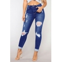 Women Urban Jeans Pure Color Cut-outs Ankle Length Skinny Turn-up Zip Placket Jeans