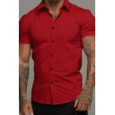 Popular Men Shirt Whole Colored Short Sleeves Turn-down Collar Button Closure Skinny Shirt