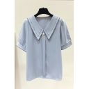Girls Trendy T-shirt Pure Color V Neck Button Detail Short-sleeved Chiffon Tee Shirt