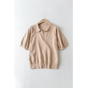 Fancy Polo Shirt Solid V-neck Short-sleeved Relaxed Rib Hem Polo Shirt for Women