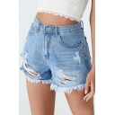 Creative Women Shorts Pure Color Front Pocket Ripped High Waist Zip Placket Shorts