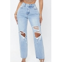 Stylish Jeans Solid Color High Waist Broken Hole Ankle Length Zip-up Jeans for Ladies