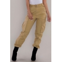 Plain Casual Pants Women's High Waist Straight Narrow Leg Cargo Pants (Without Belt)