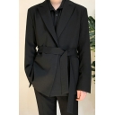 Plain Lapel Suit Men Loose Long Sleeve Trend Pocket Blazer with Belt