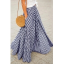 Fancy Skirt Plaid Pattern Pocket Maxi Oversized Elastic Waist Flared Skirt for Women