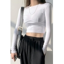 Casual Ladies Tee Shirt Round Collar Solid Color Long Sleeves Cropped Tee Shirt