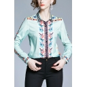 Women's Lapel Printed Shirts Long Sleeve Slim Fit Single Breasted Shirts