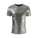 Edgy Mens T-Shirt Checked Print Crew Collar Slim Fit Short Sleeve Tee Shirt