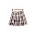 Popular Women Skirt Checked Print High Rise Elastic Waist Mini Pleated Skirt