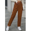 Girls Freestyle Pants Pure Color Elastic High Waist Straight Long Length Button Pants