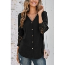 Trendy Blouse Plain V-Neck Lace Hollow out Long-Sleeved Blouse for Women