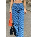 Autumn Vintage Wide Trousers Ins Checkerboard Lattice Loose Old Straight Casual Jeans