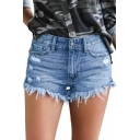 Modern Women Shorts Solid Front Pocket Mid Waist Skinny Distressed Zip-up Denim Shorts