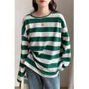Striped Female T-shirt New Loose Large Version of Cotton Long-sleeved Tee Shirts