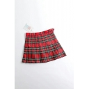 Novelty Skirt Checked Pattern High Rise Fitted Elastic Waist Pleated Mini Skirt for Girls