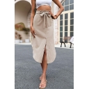 Basic Ladies Skirt Whole Colored Belt Detail High Rise Button Fly Midi Asymmetrical Skirt