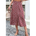 Basic Ladies Skirt Floral Printed Button Midi Mid Rise Split Front A-Line Skirt