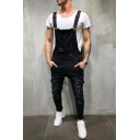 Men Casual Overalls Pure Color Distressed Designed Sleeveless Pocket Skinny Overalls
