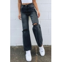Girls Vintage Jeans Whole Colored Broken Hole High Rise Full Length Zip down Jeans