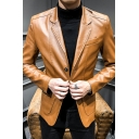 Street Style Guy's Jacket Solid Color Pocket Designed Long Sleeve Button-up Leather Jacket