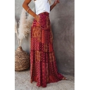 Girls Simple Skirt Floral Print Drawstring Maxi Length High Waist Pleated Skirt