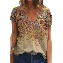 Women Formal T-shirt 3D Floral Print V Neck Short Sleeves Regular Fitted Tee Shirt